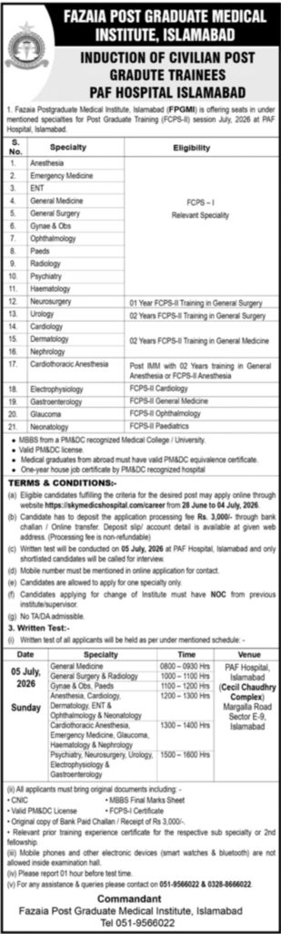 Fazaia Post Graduate Medical Institute Islamabad Jobs