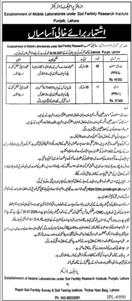 Latest Soil Fertility Research Institute SFRI Lahore Jobs 2026