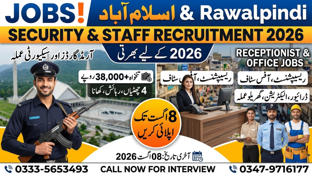 Armed Guard & Receptionist Jobs 2026 in Islamabad | Security Guard, Office Staff & Driver Vacancies