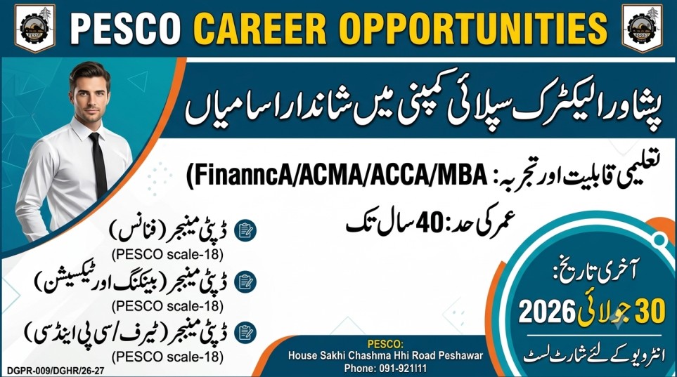 PESCO Jobs 2026 for Deputy Manager Finance, Banking