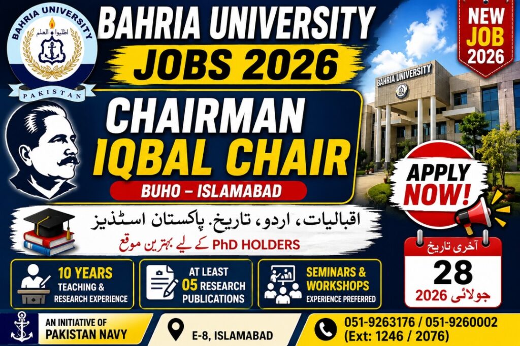 Bahria University Chairman Iqbal Chair Jobs 2026 Apply Online