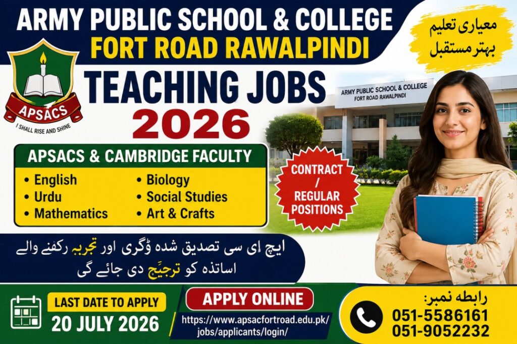 Army Public School & College Fort Road Rawalpindi Jobs 2026 | APS&C Teaching Faculty Vacancies