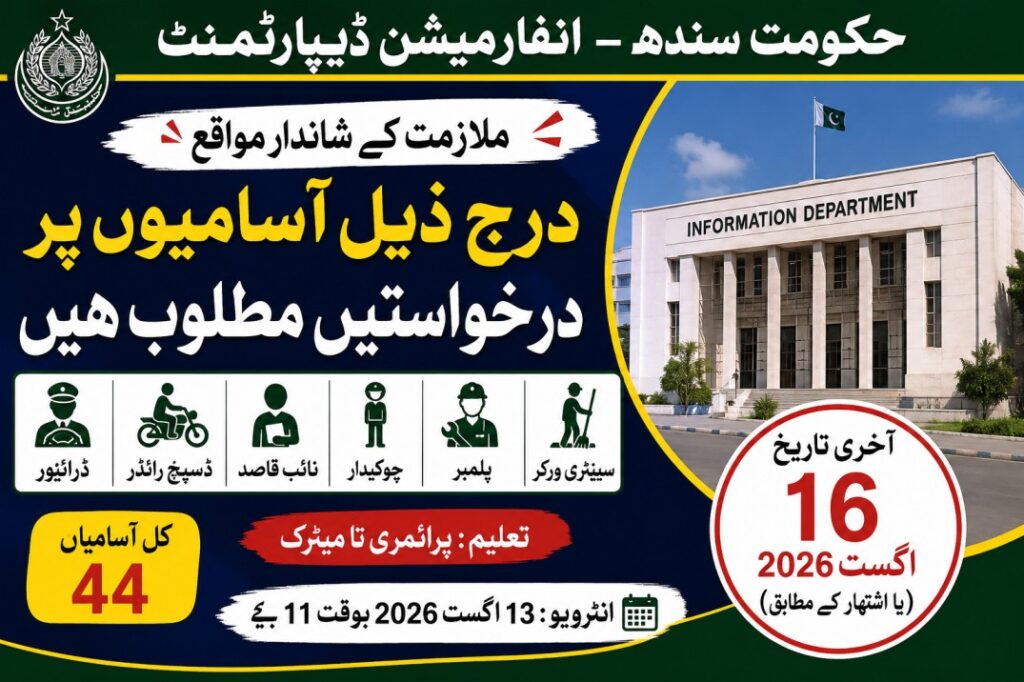 Information Department Sindh Jobs 2026 for Driver, Naib Qasid, Chowkidar & More